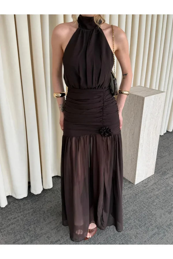 Kahverengi Gül Detaylı Şifon Elbise - 2485