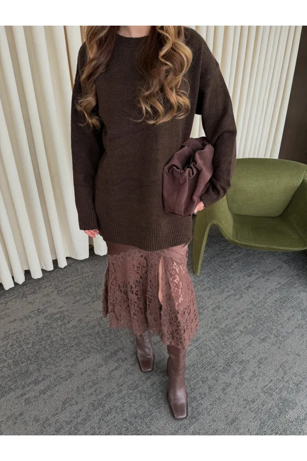 Kahverengi Saten Dantelli Etek - 37206