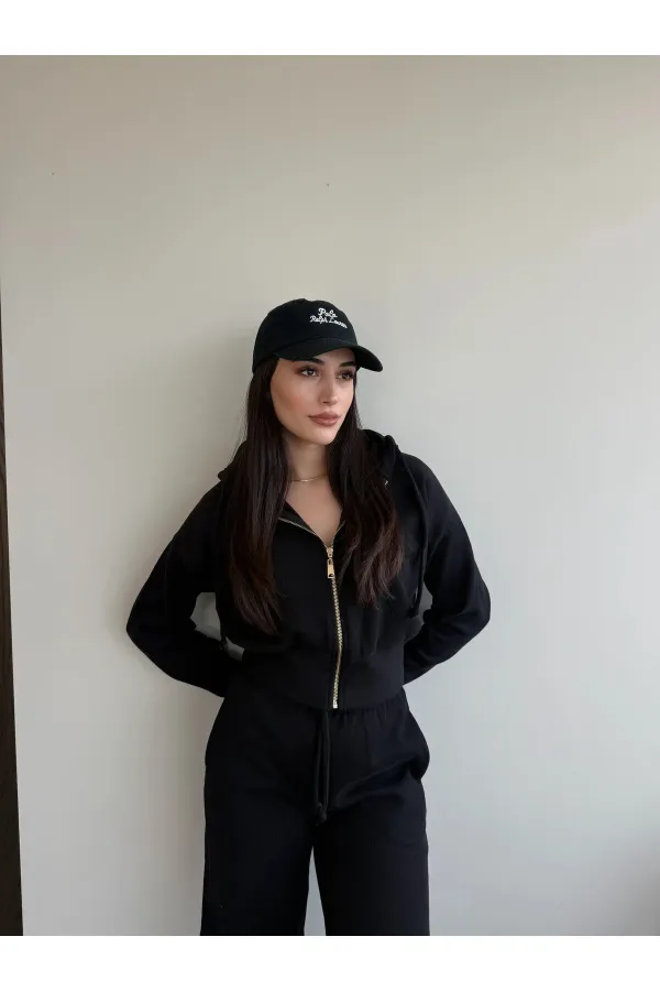 Siyah %100 Pamuk Kapüşonlu Fitilli Takım - 51232