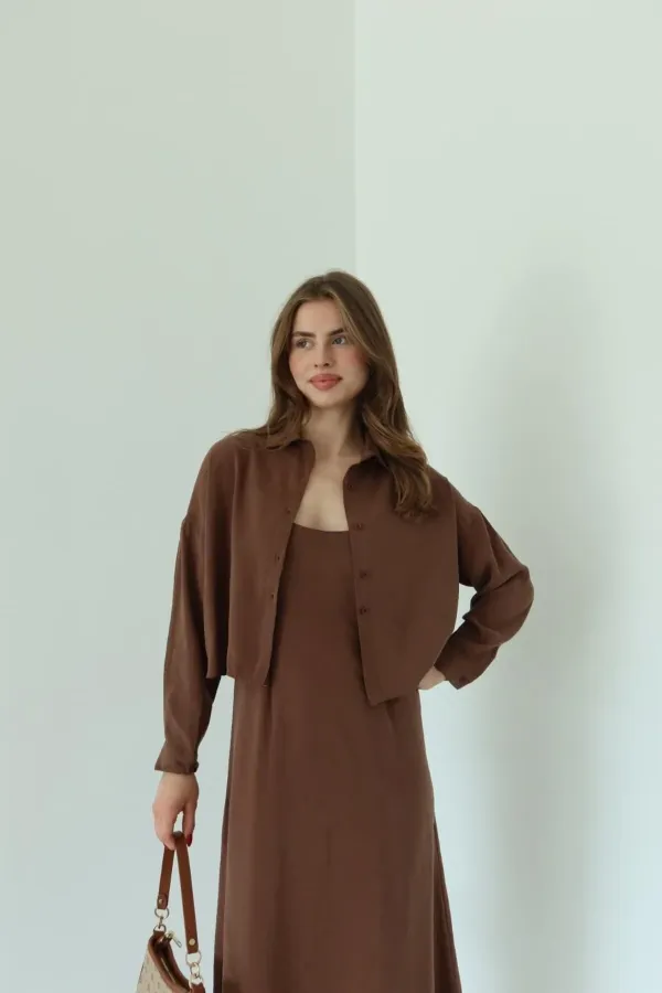 Kahverengi Modal Gömlek Elbise Takım