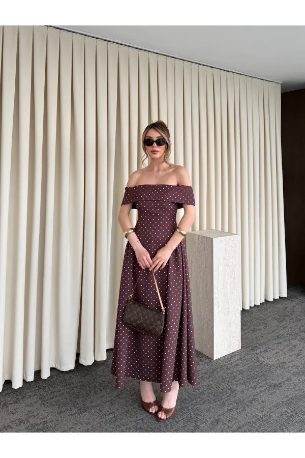 Robe midi marron à pois Madonna Neck - 00888