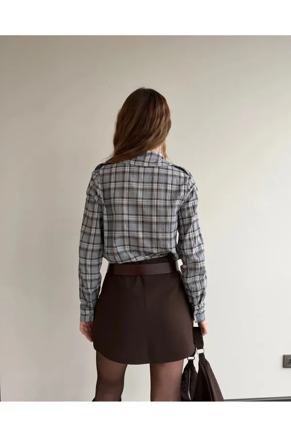 Mavi Kahverengi Cep Kapaklı Gömlek - 508