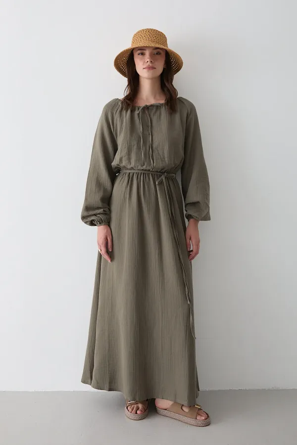 Çağla Bağlama Detaylı Müslin Elbise - 2004