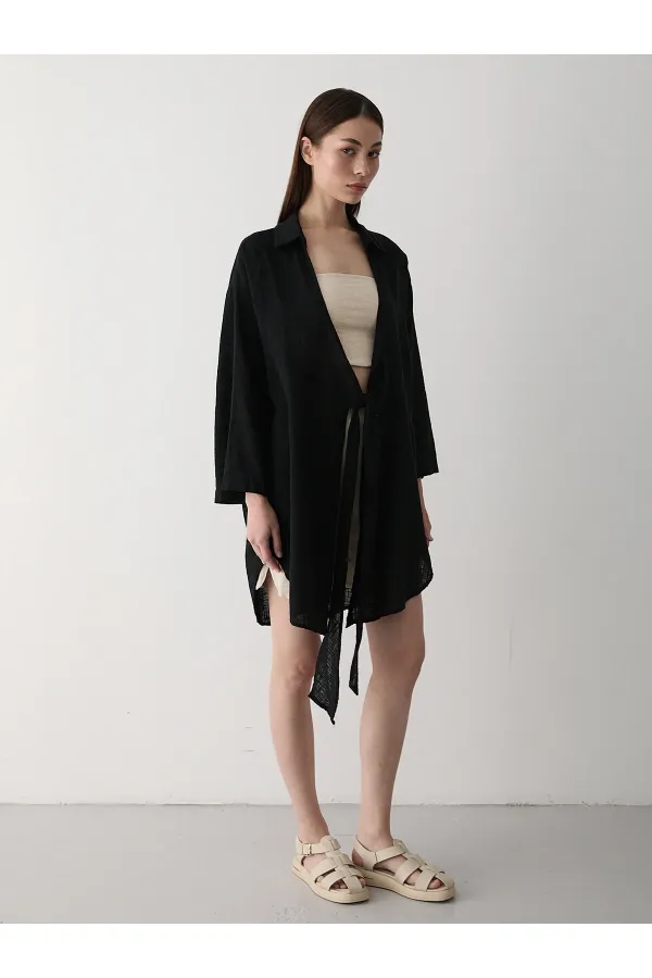 Siyah Flam Keten Kimono Gömlek