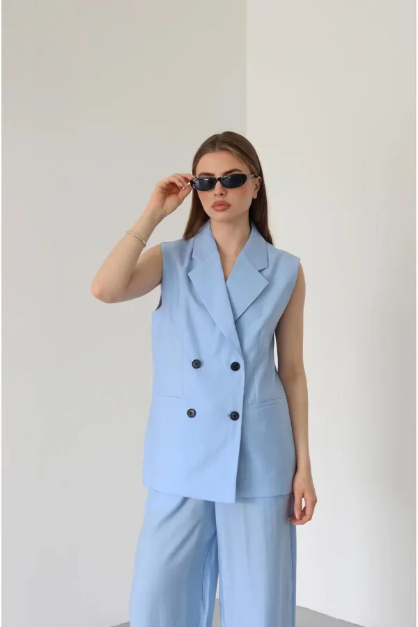 Blue and Black Button-Down Vest and Trousers Set