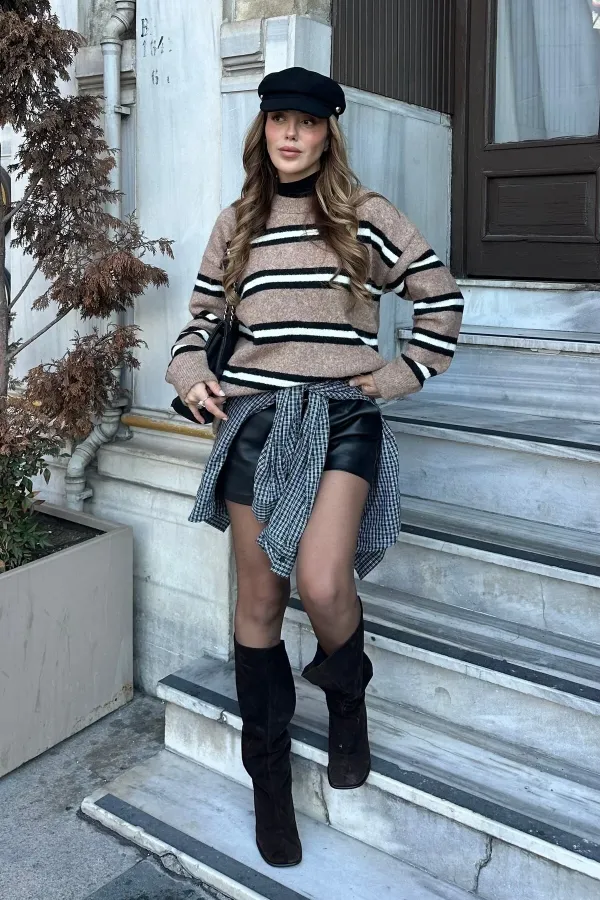 Pull en maille oversize à rayures marron - 2516