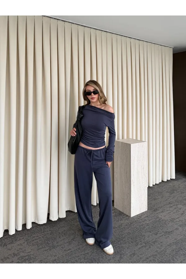 İndigo Kayık Yaka Modal İkili Takım - 7323