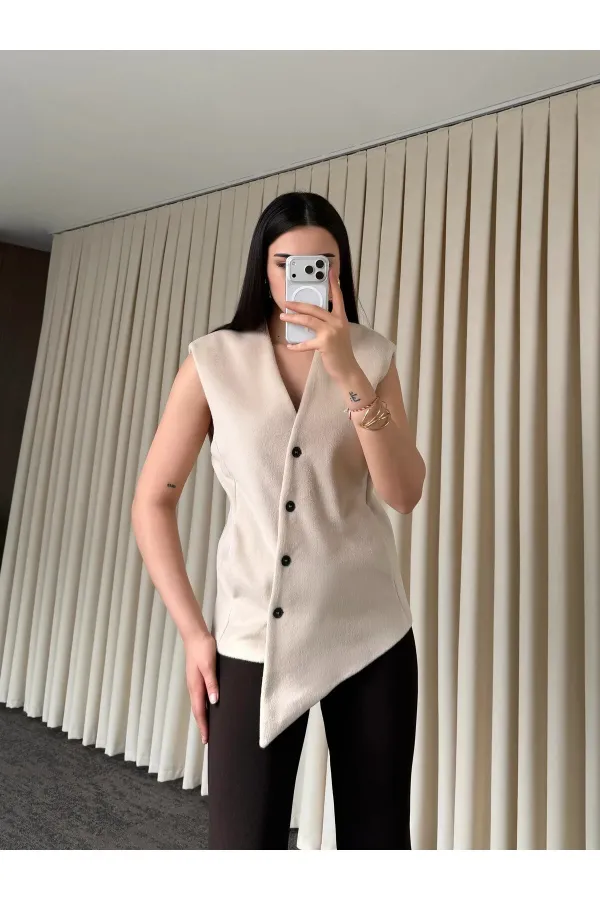 Bej Venedik Çapraz Düğmeli Yelek