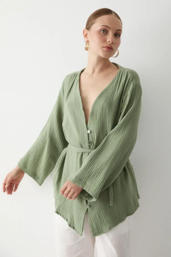 Khaki Multi-Button Kimono