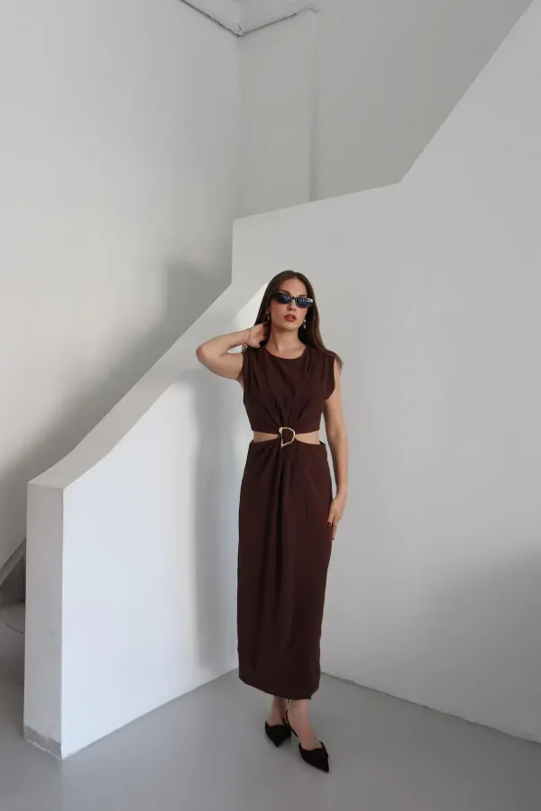 Brown Dress with Front Buckle and Side Cutout