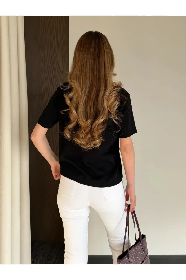 Siyah Kısa Kollu Düz Tshirt - 241128