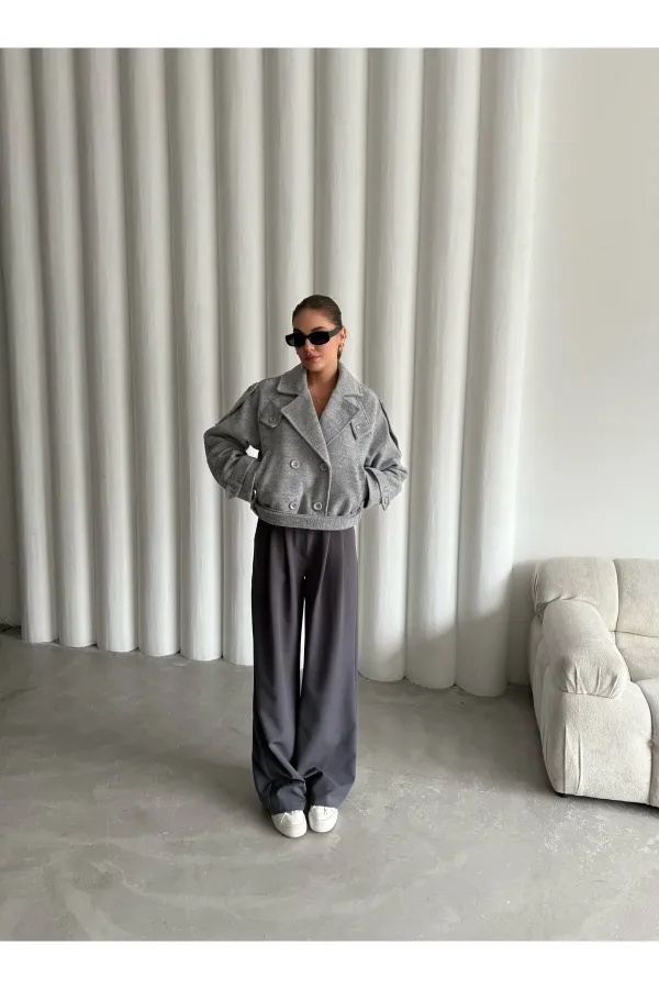 Grey Short Belted Cashmere Jacket - 9495