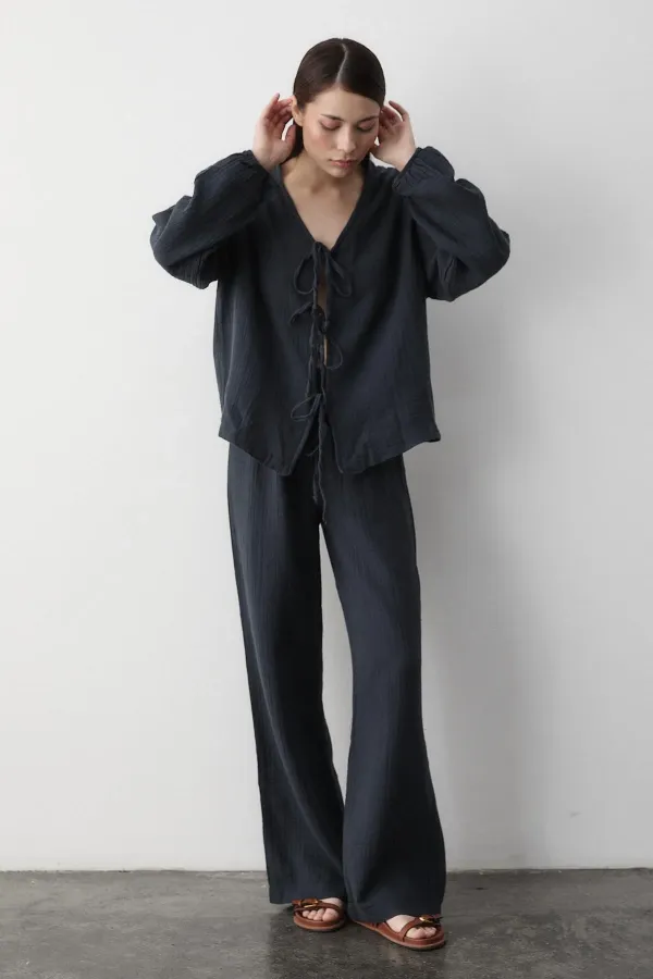 Antrasit %100 Pamuk Bağlamalı Bluz Pantolon Takım