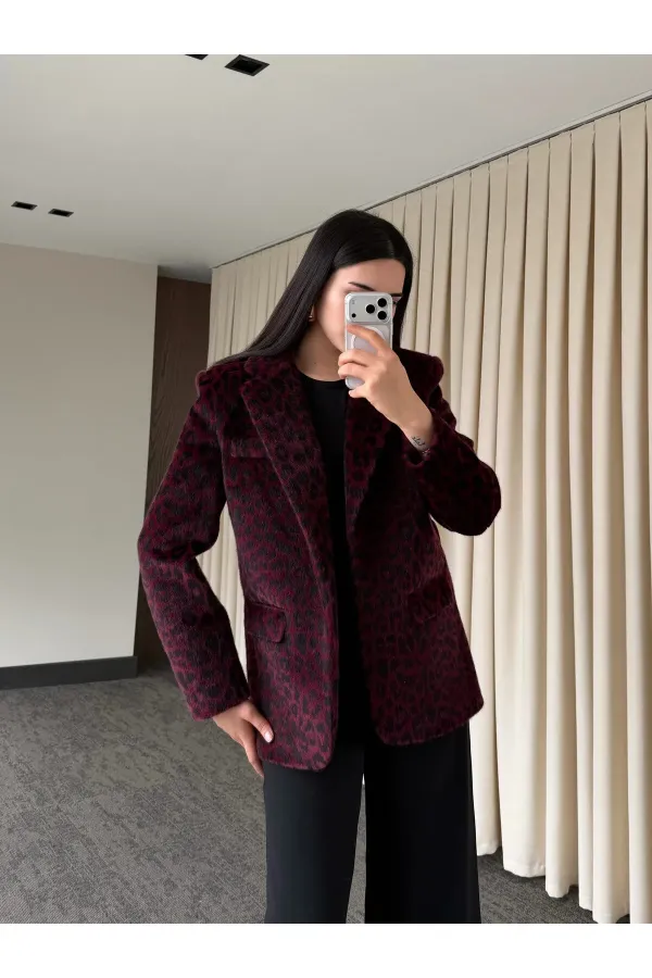 Bordo Leopar Kemerli Ceket - 9614