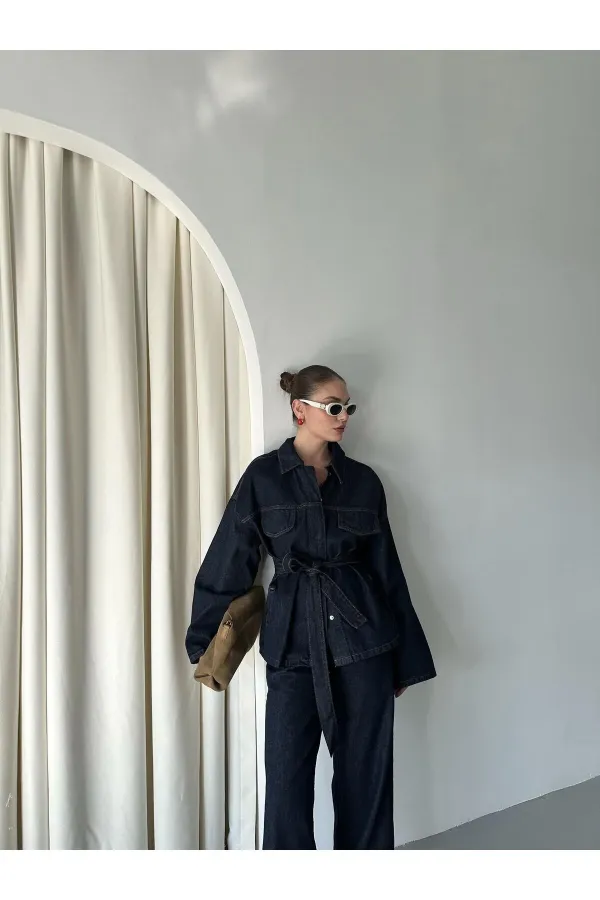 Navy Blue Tie-Up Denim Jacket and Pants Set