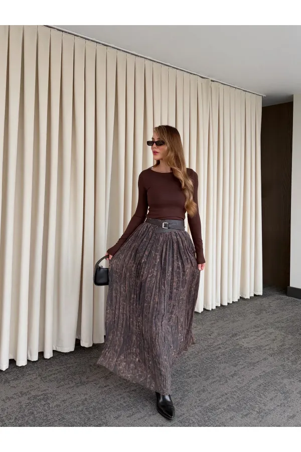 Kahverengi Beli Lastikli Kemerli Baskılı Etek - 3374