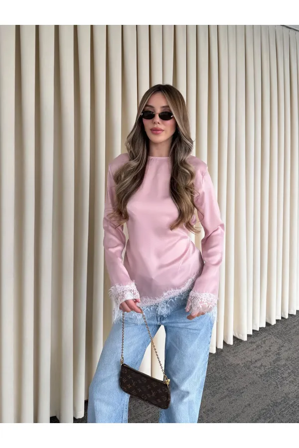 Pembe Saten Asimetrik Dantelli Bluz - 0320