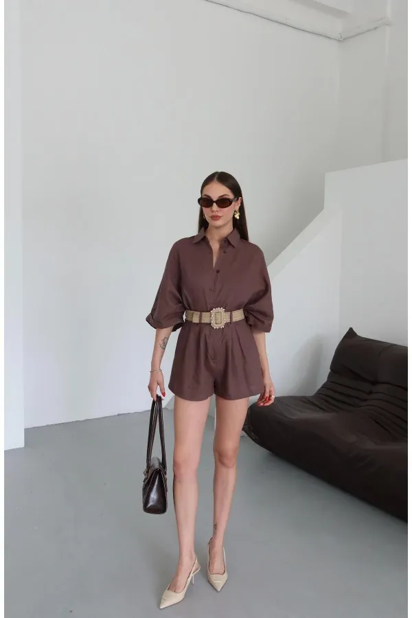 Kahverengi Hasır Kemerli Gömlek Şort Takım