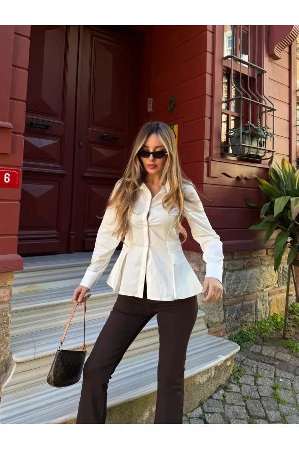 Ekru Belden Oturtmalı Poplin Gömlek - 1616