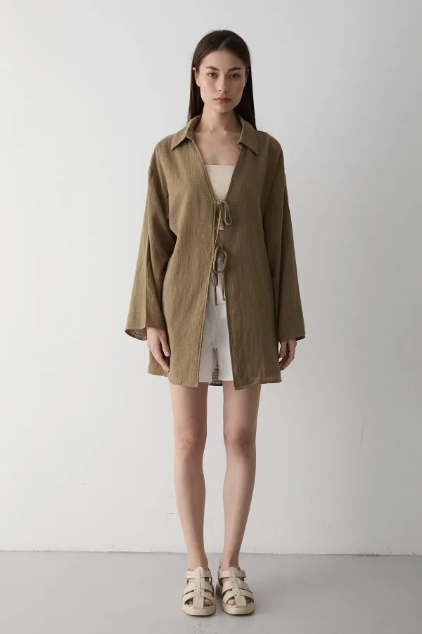 Olive %100 Keten Bağcık Detaylı Kimono Bluz - 5218