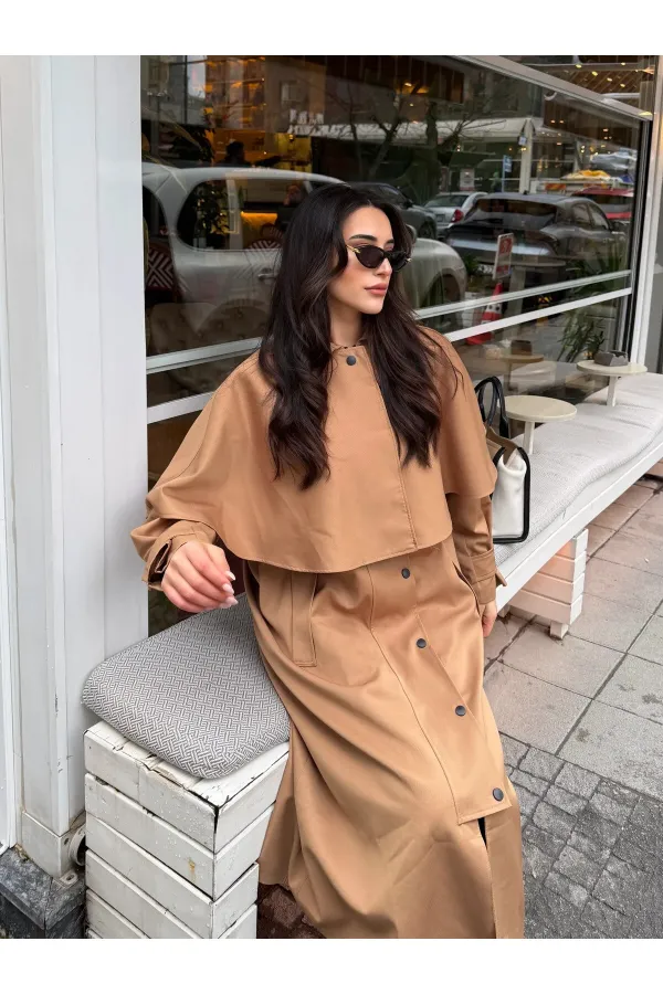 Camel Çıkarılabilir Kapüşon Detaylı Pelerinli Trençkot - 85179