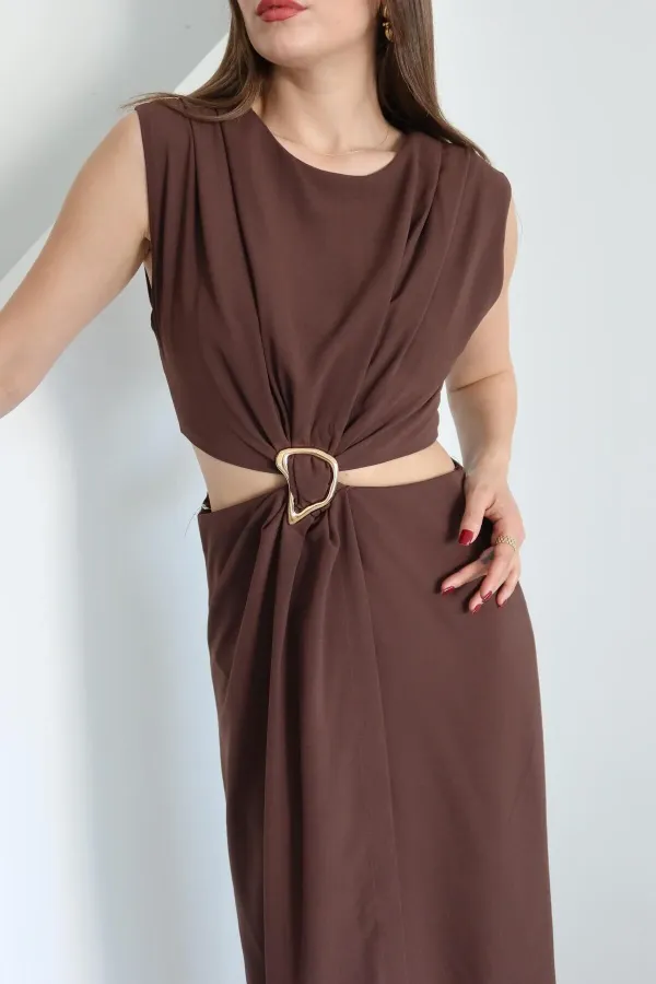 Brown Dress with Front Buckle and Side Cutout