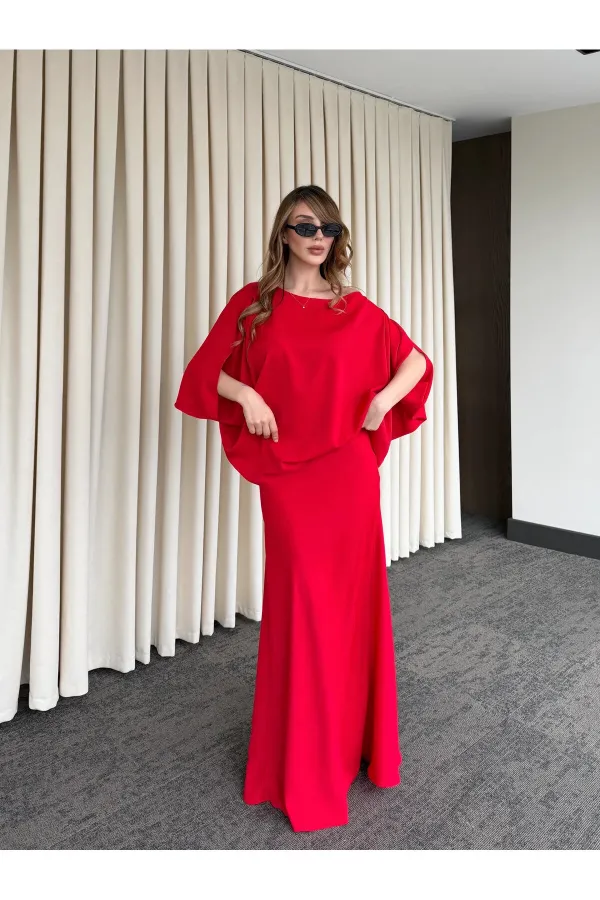 Kırmızı Omuz Drapeli Saten Bluz Etek Takım - 8005