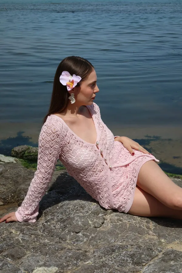 Ensemble cardigan et jupe à boutons en perles roses - 7221