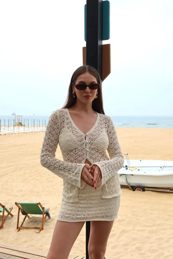 Ensemble cardigan et jupe écru à boutons nacrés - 7221