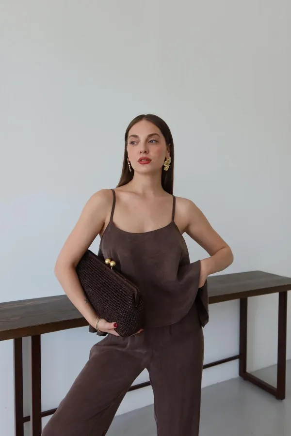Brown Satin-Look Strappy Blouse and Pants Set Brown Satin-Look Strappy Blouse and Pants Set