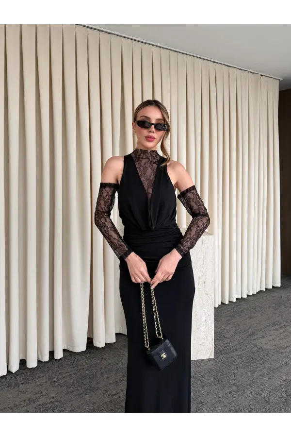 Black V-Neck Dress with Lace Gloves - 20117