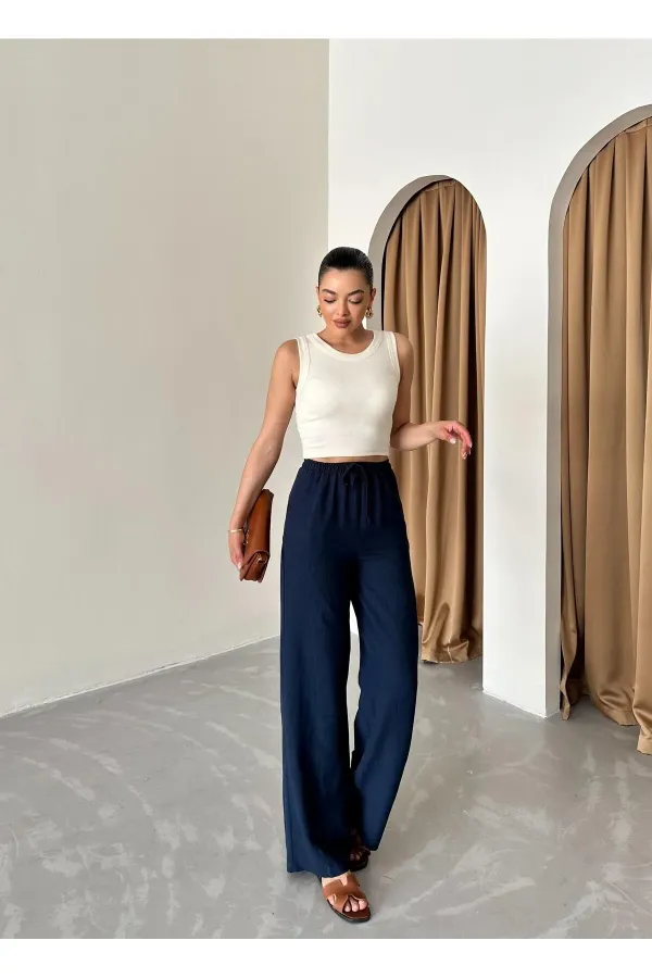 Pantalon bleu marine en coton et lin avec taille élastiquée