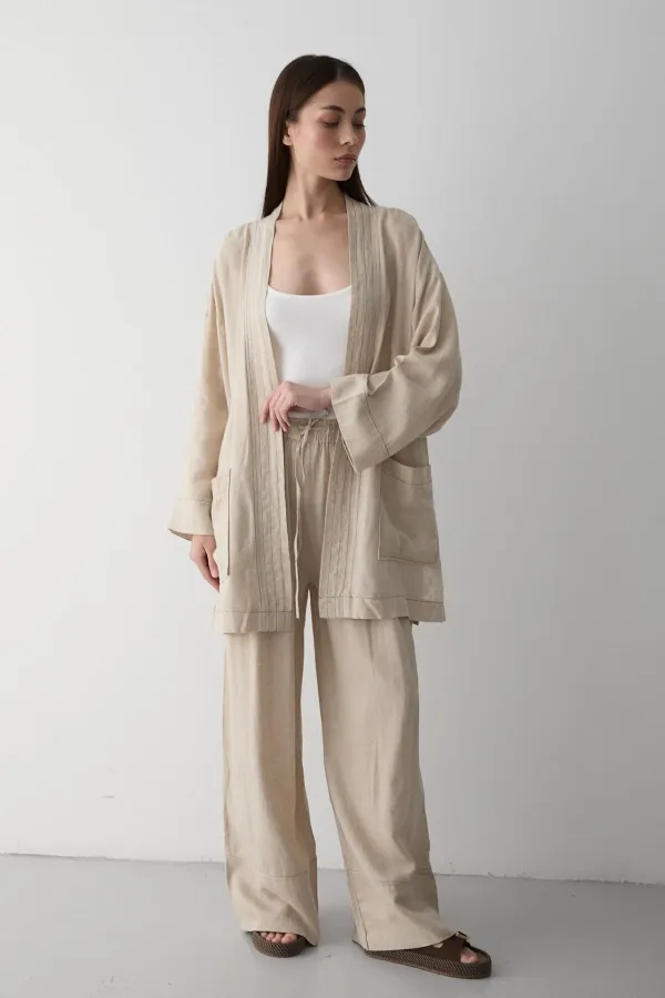 Ensemble kimono 100 % coton naturel avec poches et ceinture - 8491