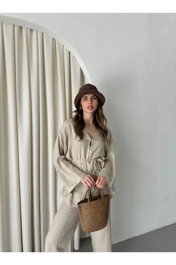 Bej Pamuklu Gömlek Pantolon Takım