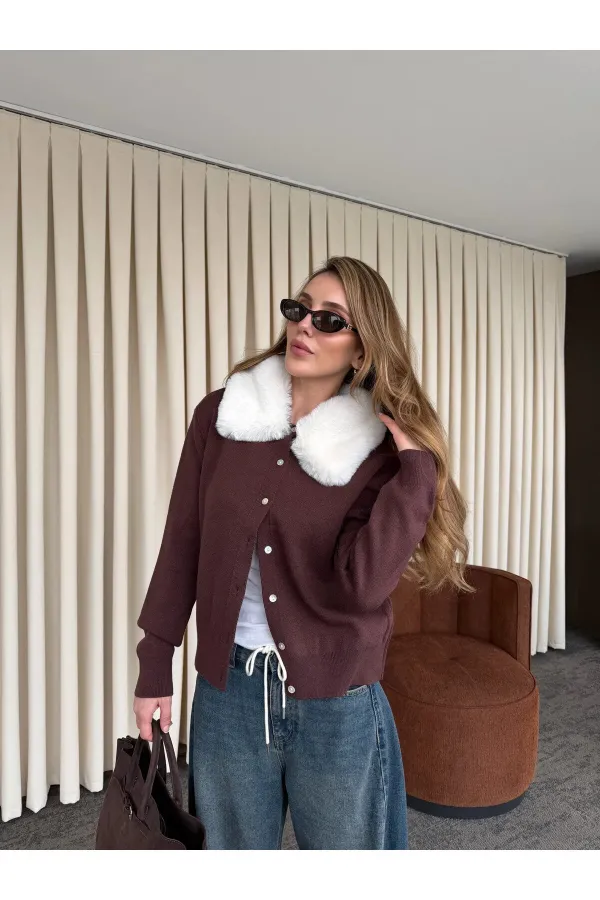 Bordo Yakası Kürklü Hırka - 261002