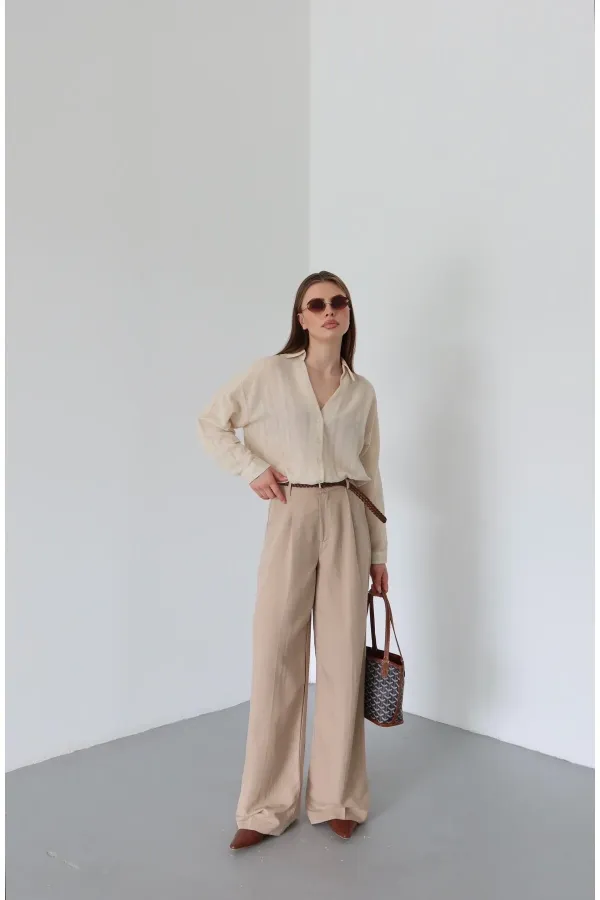 Pantalon beige en maille avec ceinture - 51150