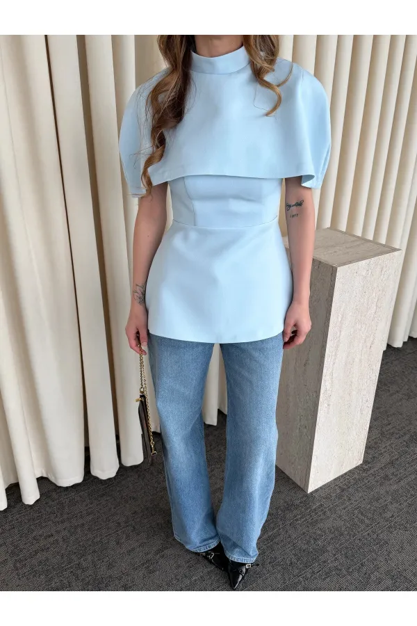 Mavi Pelerinli Straplez Bluz - 1101