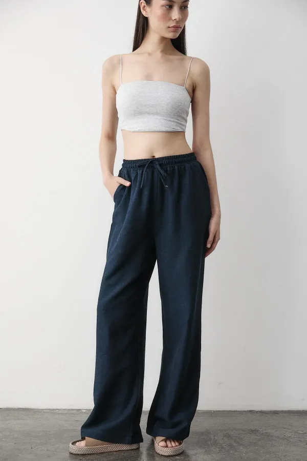 Navy Blue Wide Leg Trousers with Elastic Waistband