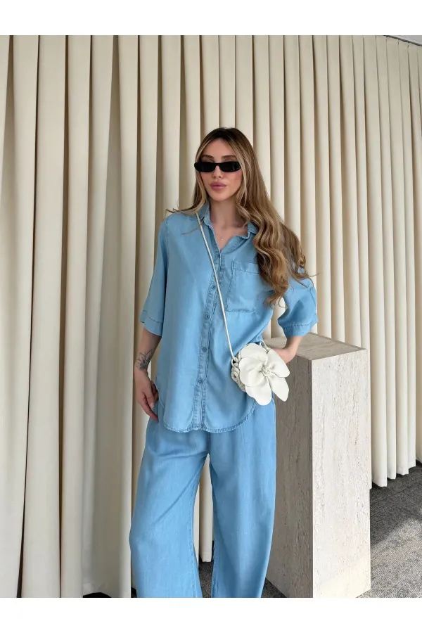Light Blue Tencel Fabric Shirt and Pants Set - 0926