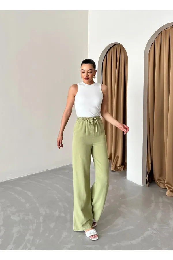 Khaki Cotton Linen Trousers with Elastic Waistband