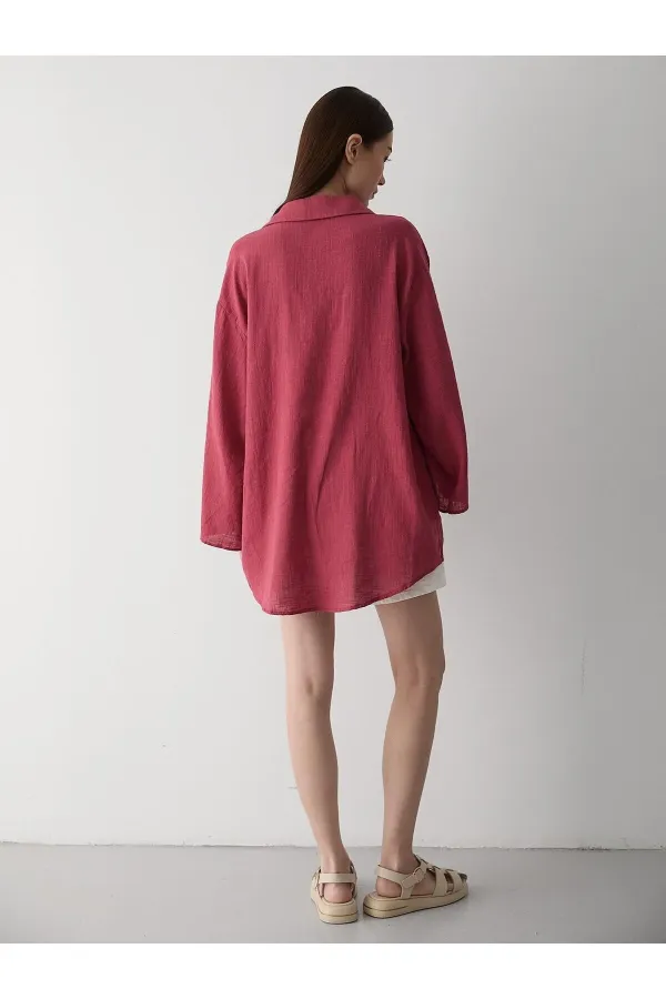 Kimono bordeaux 100 % coton et lin avec détails en dentelle