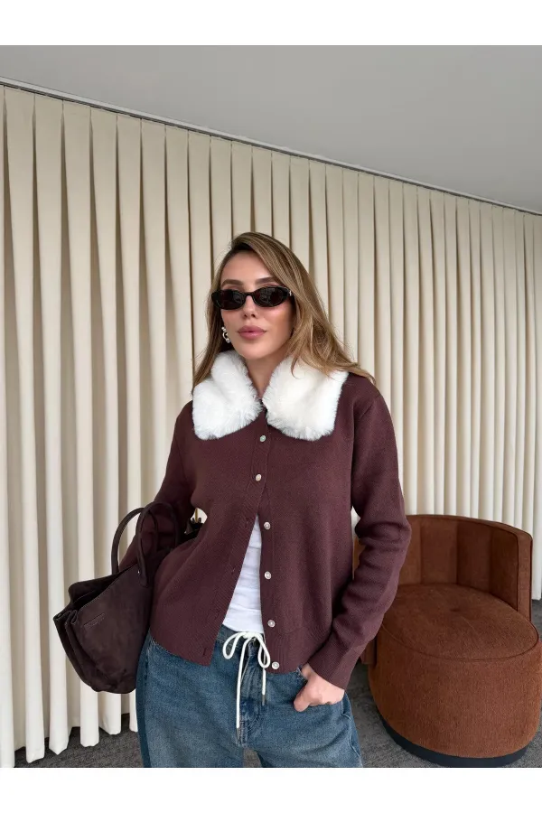 Bordo Yakası Kürklü Hırka - 261002