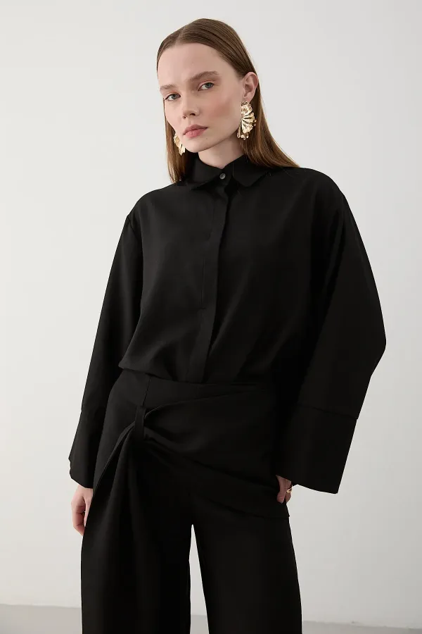 Siyah Beli Detaylı Pantolon Gömlek Takım - 8862