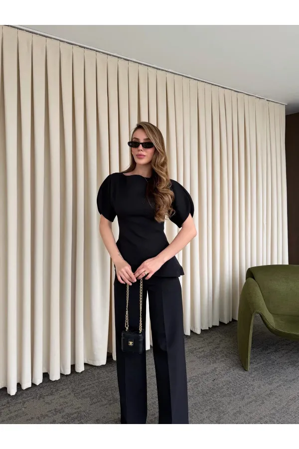 Ensemble chemisier asymétrique noir à manches ballon et pantalon - 25194