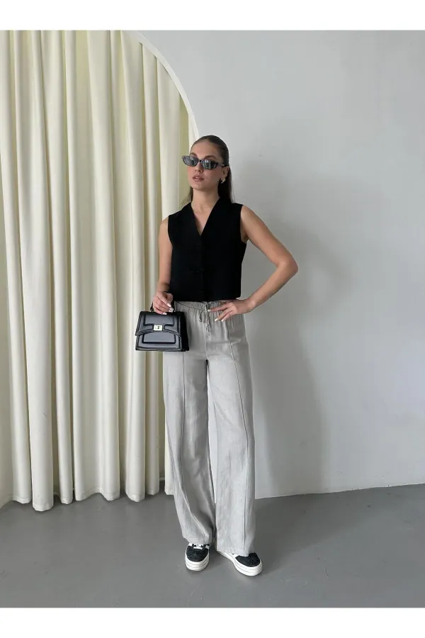 Grey 100% Linen Palazzo Trousers