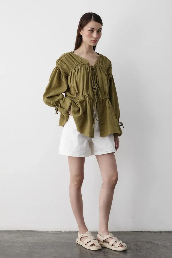 Khaki 100% Cotton Muslin Shirt with Elasticated Sleeves