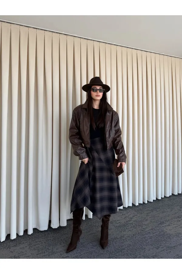 Kahverengi Fermuarlı Deri Ceket - 2617