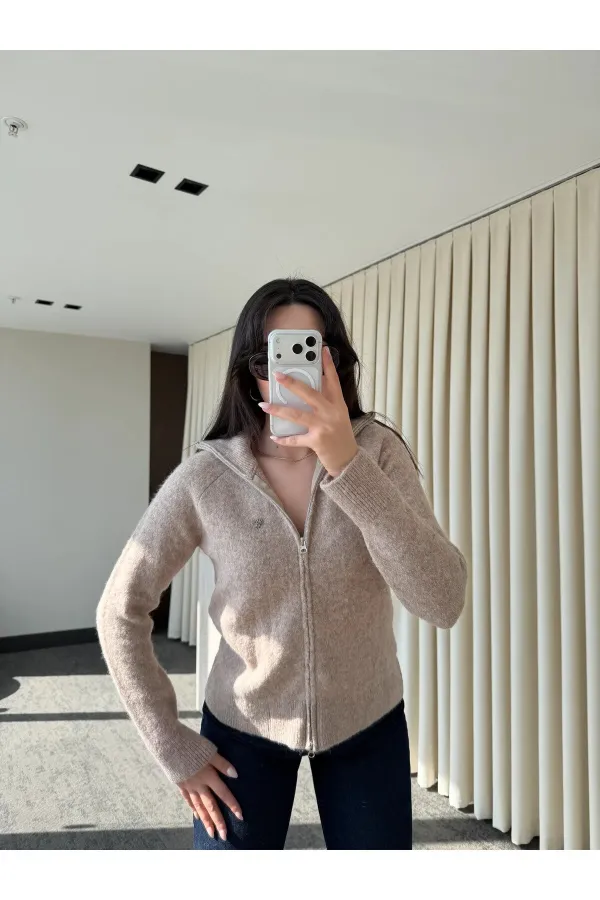 Bej Balıkçı Yaka Çift Fermuarlı Hırka - 251108