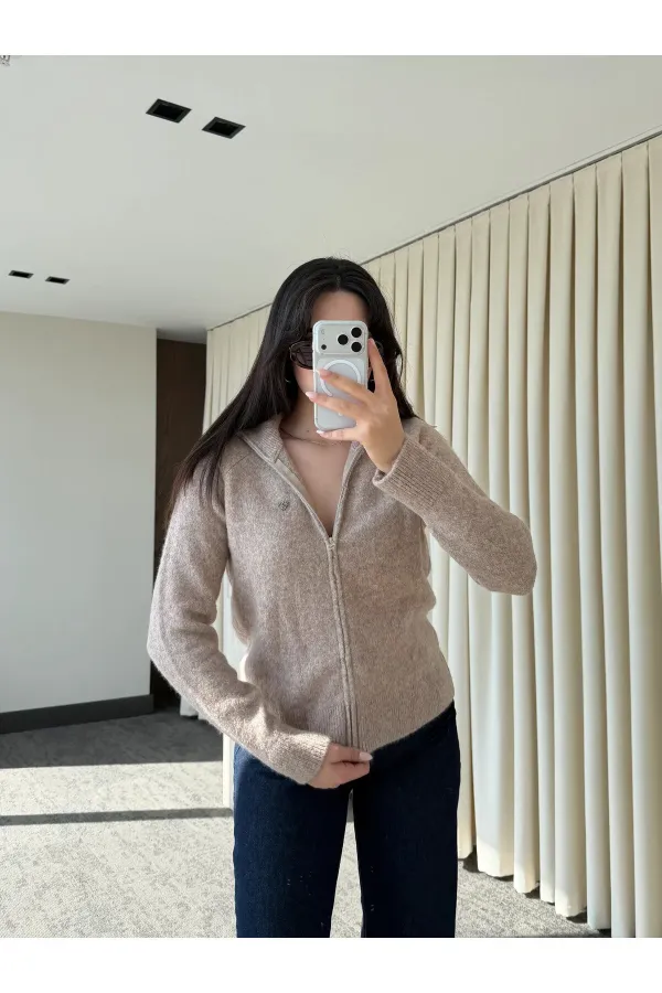 Bej Balıkçı Yaka Çift Fermuarlı Hırka - 251108