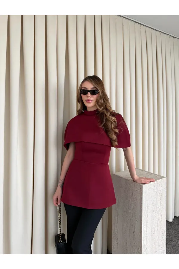 Bordo Pelerinli Straplez Bluz - 1101